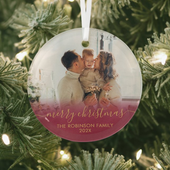 Elegant Red Gold Family Photo Merry Christmas Glass Tree Decoration (Insitu)
