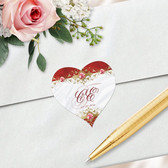 Elegant Red Gold Filigree Wedding Monogram Heart Sticker (Creator Uploaded)