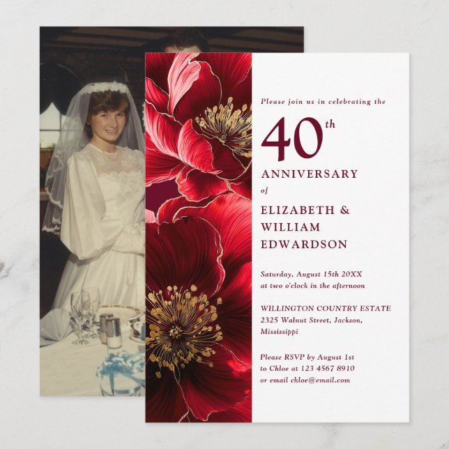 Elegant Red Gold Floral 40th Anniversary Photo Invitation (Front/Back)