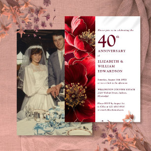 Elegant Red Gold Floral 40th Anniversary Photo Invitation