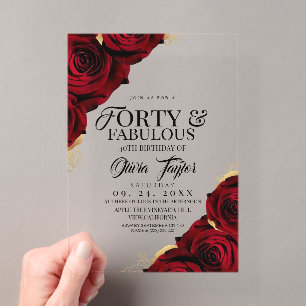 Elegant Red Gold Floral 40th Birthday Acrylic Invitations