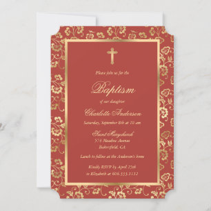 Elegant Red Gold Floral Baptism Invitation