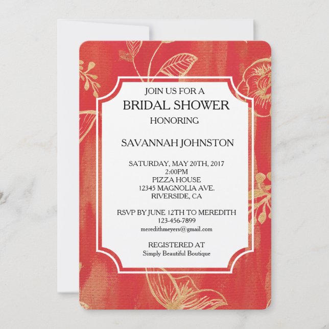 Elegant Red Gold Floral bridal shower Invitation (Front)