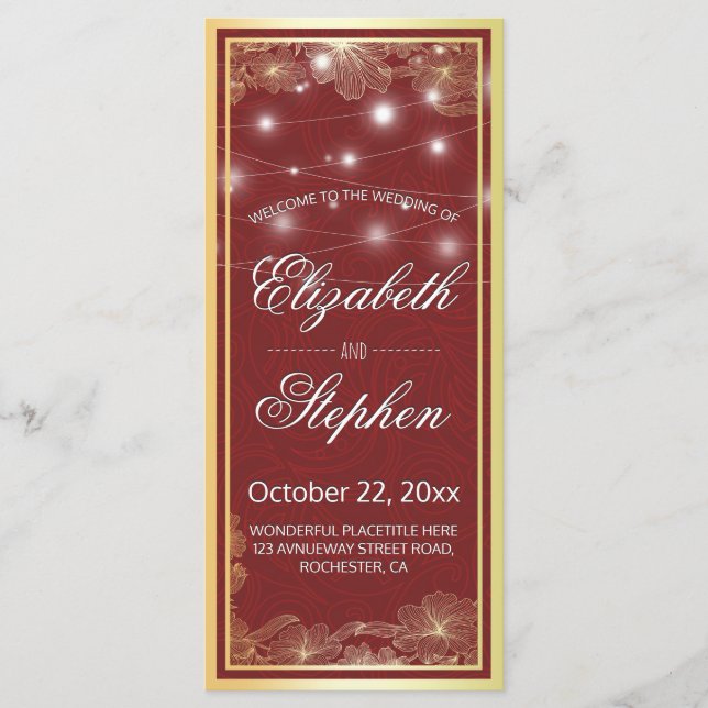 Elegant Red & Gold Floral Frame Wedding Program Programme (Front)