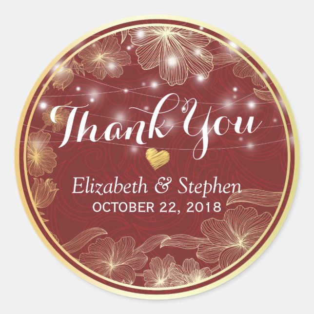 Elegant Red & Gold Floral Frame Wedding Thank You Classic Round Sticker (Front)
