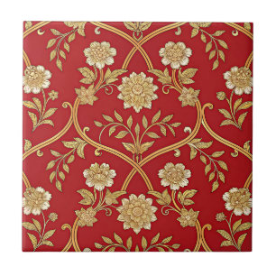 Elegant Red Gold Floral Lattice (1) Tile