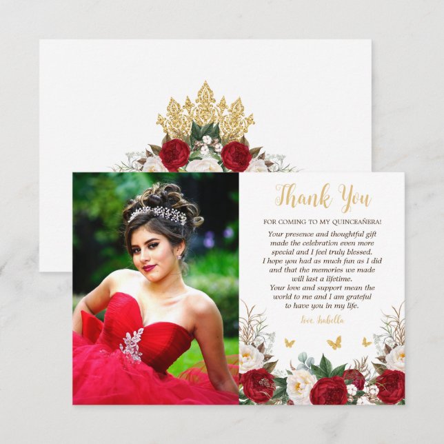Elegant Red & Gold Floral Photo Quinceañera Thank You Card (Front/Back)