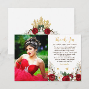 Elegant Red & Gold Floral Photo Quinceañera Thank You Card