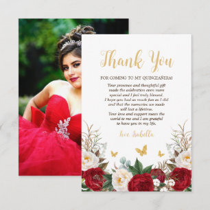 Elegant Red & Gold Floral Photo Quinceañera Thank You Card