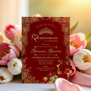 Elegant Red Gold Floral Quinceanera Party 