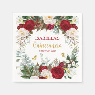 Elegant Red Gold Floral Quinceañera Party Napkin