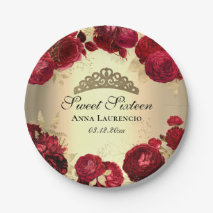 Elegant Red Gold Floral Sweet Sixteen Birthday Paper Plate