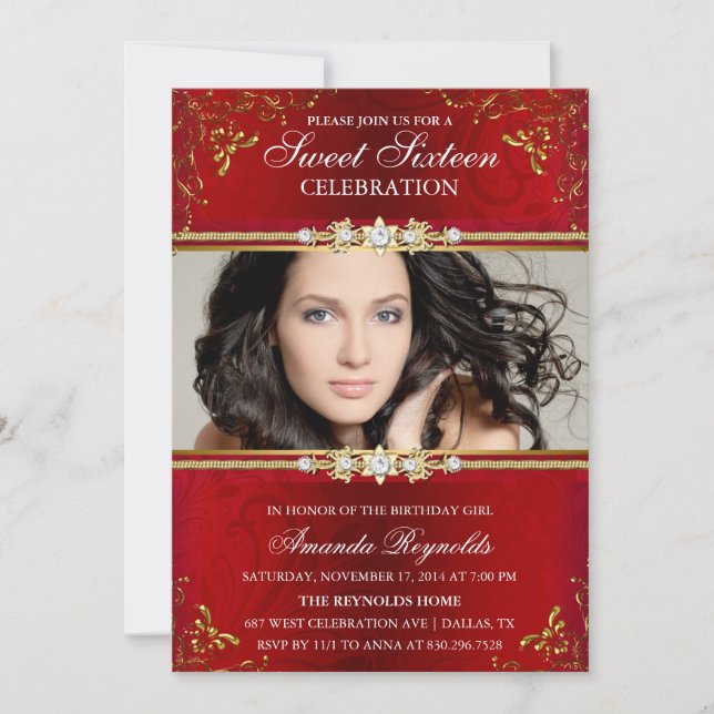 Elegant Red & Gold Floral Sweet Sixteen Invite (Front)