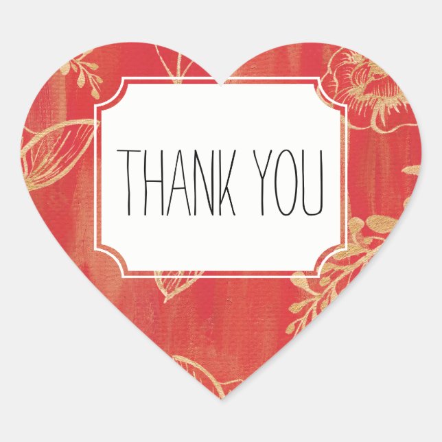 Elegant Red Gold Floral Thank you Heart Sticker (Front)