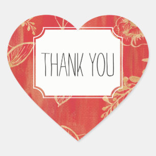 Elegant Red Gold Floral Thank you Heart Sticker
