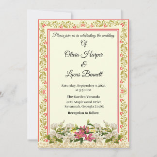Elegant Red & Gold Floral Wedding Invitation