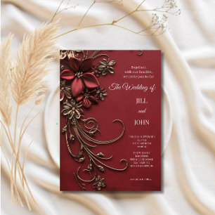 Elegant Red Gold Floral Wedding Invitation