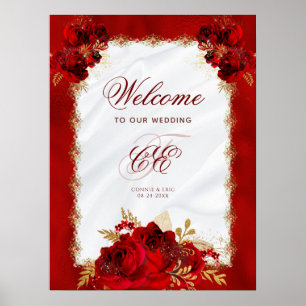 Elegant Red Gold Floral Wedding Monogram Poster