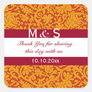 Elegant Red Gold Floral Wedding Monogram Thank You Square Sticker
