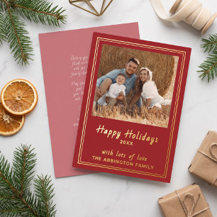 Elegant Red Gold Foil Happy Holidays Family Photo Holiday Card
