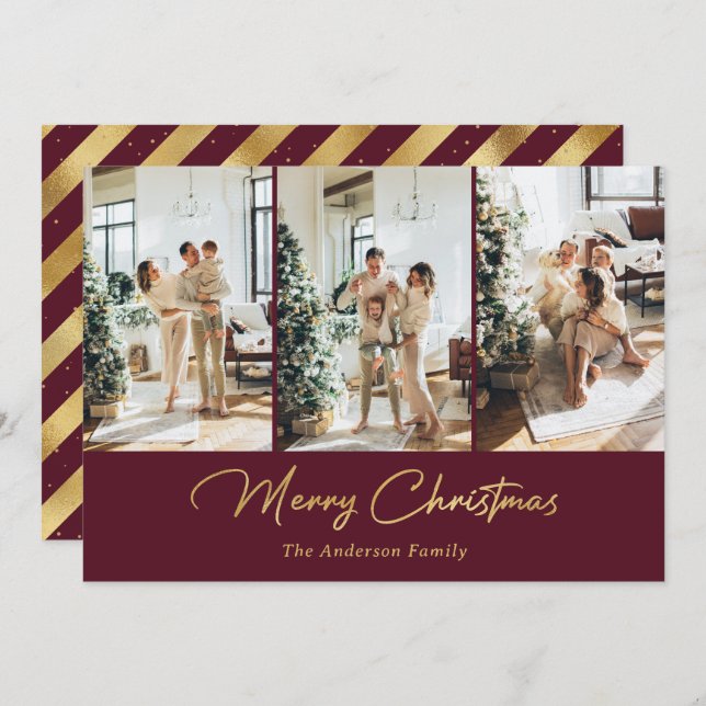 Elegant Red Gold Foil Photo Merry Christmas Holiday Card (Front/Back)