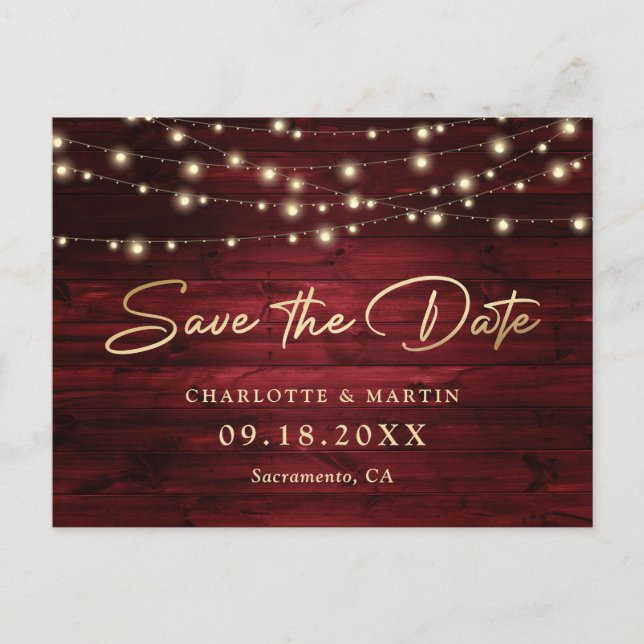 Elegant Red Gold Foil Wood Wedding Save The Date Announcement Postcard (Front)