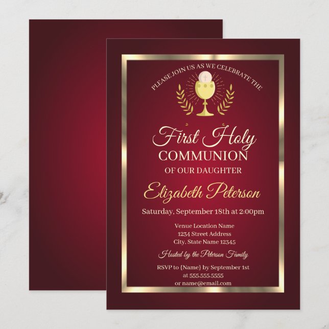Elegant Red Gold Frame First Holy Communion Invitation (Front/Back)