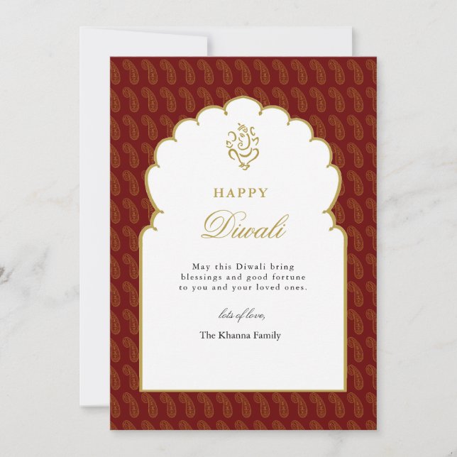 Elegant Red & Gold Ganesh Diwali Card  (Front)
