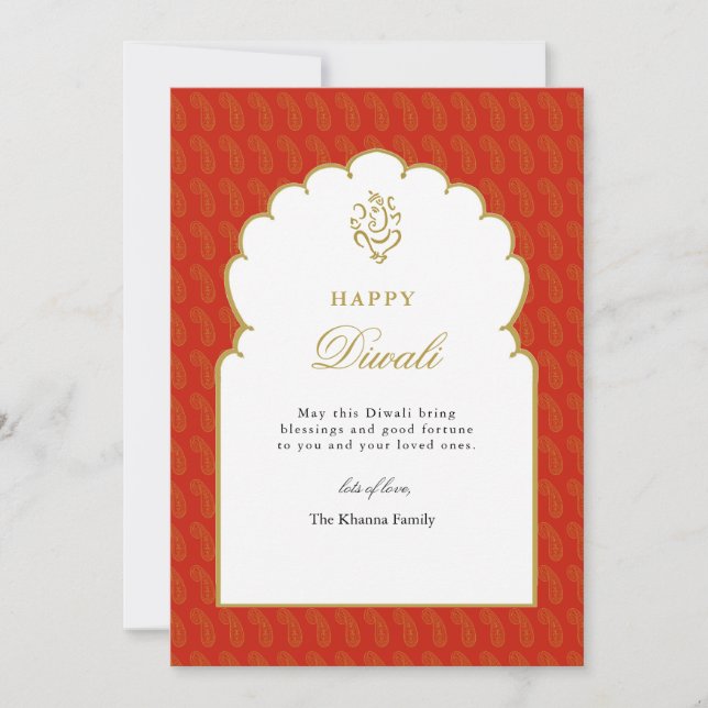 Elegant Red & Gold Ganesh Diwali Card  (Front)