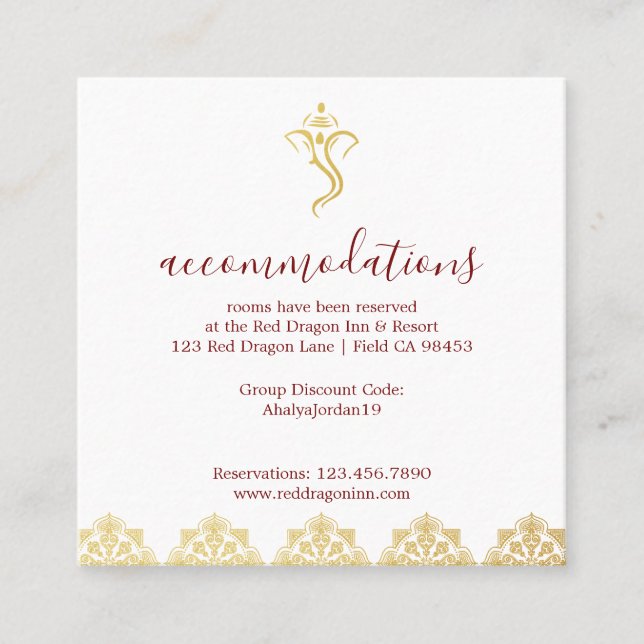 Elegant Red & Gold Ganesha & Mehndi Hindu Wedding Square Business Card (Front)