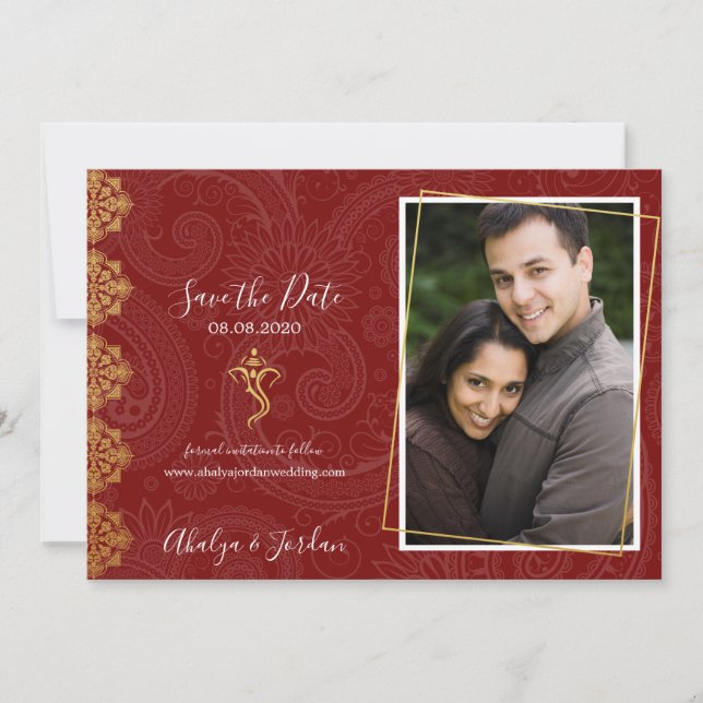 Elegant Red & Gold Ganesha & Mehndi Save the Date (Front)