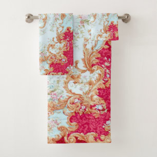 Elegant Red Gold Gilded Pink Floral Towel