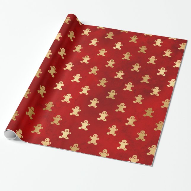 Elegant Red Gold Gingerbread Christmas Wrapping Paper (Unrolled)