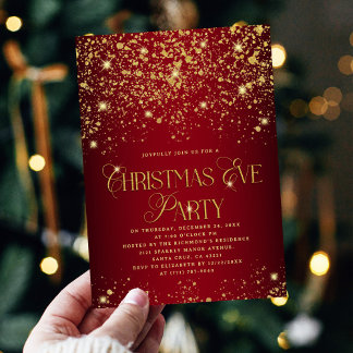 Elegant Red & Gold Glitter Christmas Eve Party Invitation