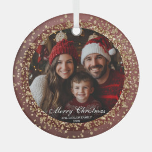 Elegant Red Gold Glitter Christmas Family Photo Glass Tree Decoration
