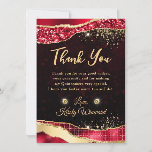 Elegant Red & Gold Glitter Glam Tears Quinceanera Thank You Card