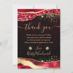 Elegant Red & Gold Glitter Glam Tears Quinceanera Thank You Card