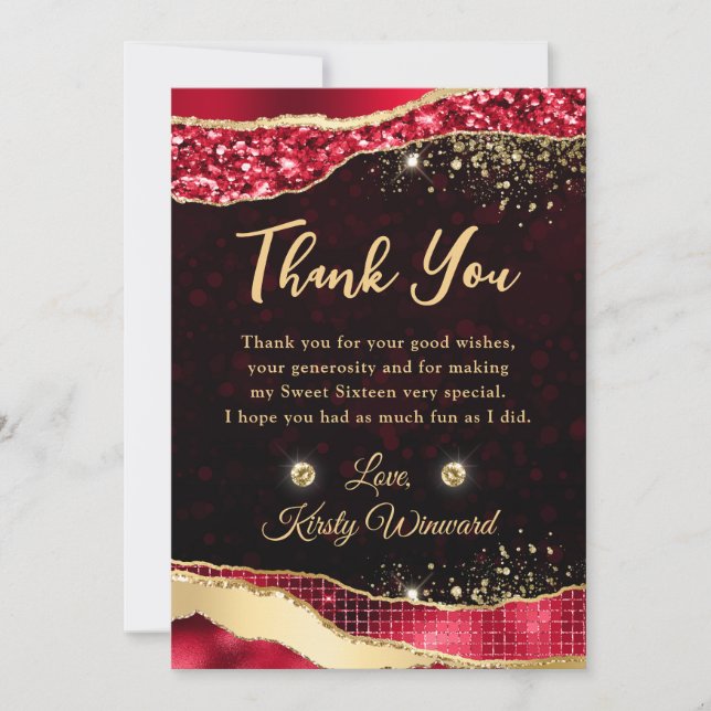 Elegant Red & Gold Glitter Glam Tears Sweet 16 Thank You Card (Front)