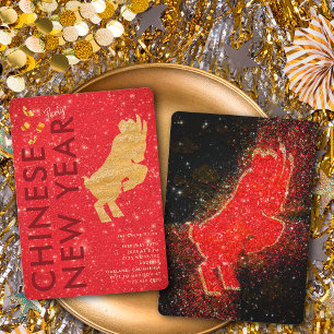 Elegant Red Gold Glitter Goat Lunar New Year Party Invitation