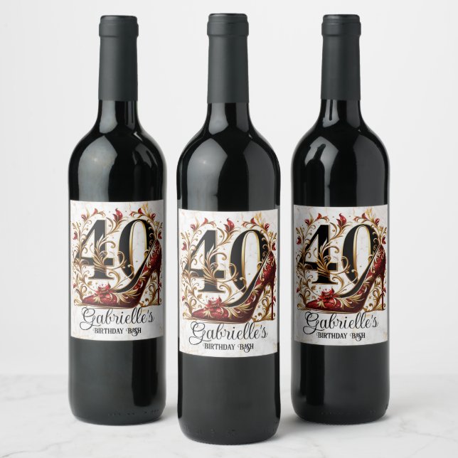Elegant Red & Gold Glitter High Heel 40th Birthday Wine Label (Bottles)