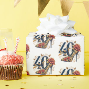 Elegant Red & Gold Glitter High Heel 40th Birthday Wrapping Paper