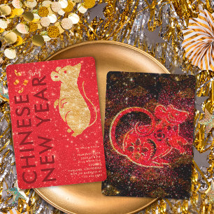 Elegant Red Gold Glitter Rat Lunar New Year Party Invitation