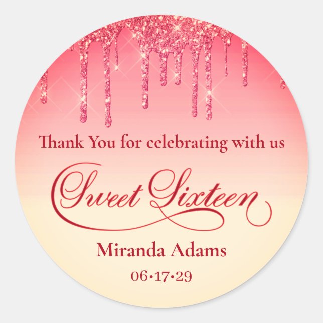 Elegant Red Gold Glitter Sweet Sixteen Birthday Classic Round Sticker (Front)