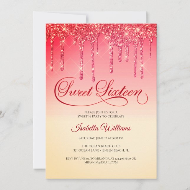 Elegant Red Gold Glitter Sweet Sixteen Birthday Invitation (Front)