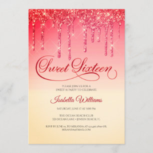 Elegant Red Gold Glitter Sweet Sixteen Birthday Invitation