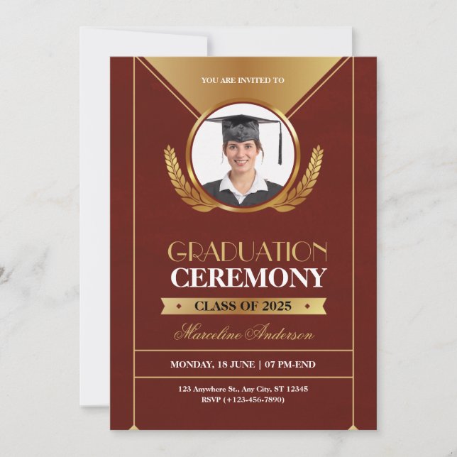Elegant Red Gold Graduation Ceremony Invite (Front)