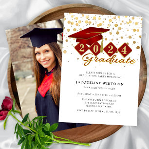 Elegant Red Gold Graduation Photo Party Invitation