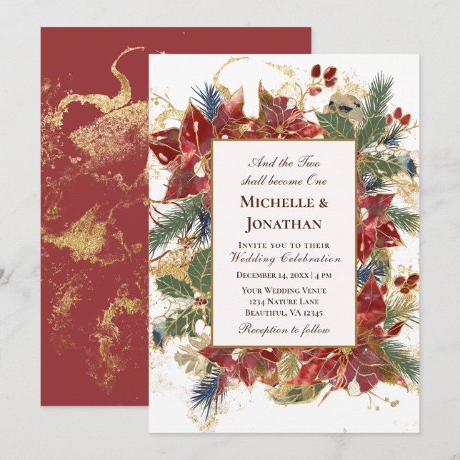 Elegant Red Gold Green Christmas Christian Wedding Invitation (Front/Back)