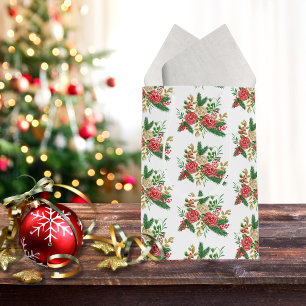 Elegant Red Gold Green Watercolor Roses Holiday Medium Gift Bag