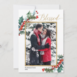 Elegant red gold greenery Blessed Christmas card